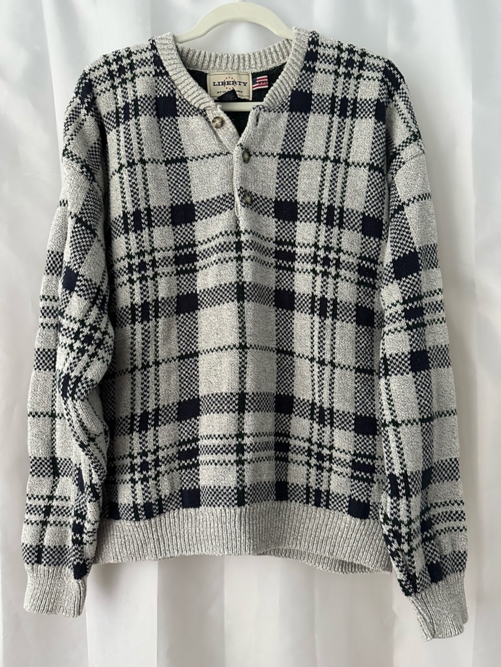 Old Glory Liberty Plaid Henley Crewneck 100% Cotton Grandpa Sweater - USA